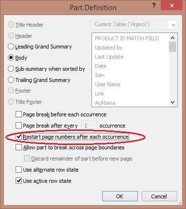 Part Definition Sayfa numaraları Filemaker